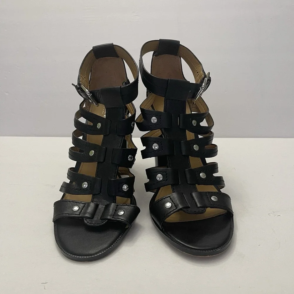 Coach Ginny Gladiator Black Leather Heels Sandals Womens 9.5 B Strappy Studded - Picture 3 of 10